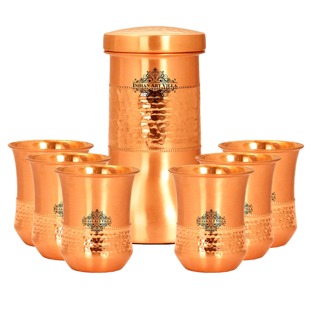 Indian Art Villa Copper Designer Hammered & Smooth Bedroom Bottle With handle and Copper Glasses,Drinkware, Diwali Anniversary Party Christmas Gift Set