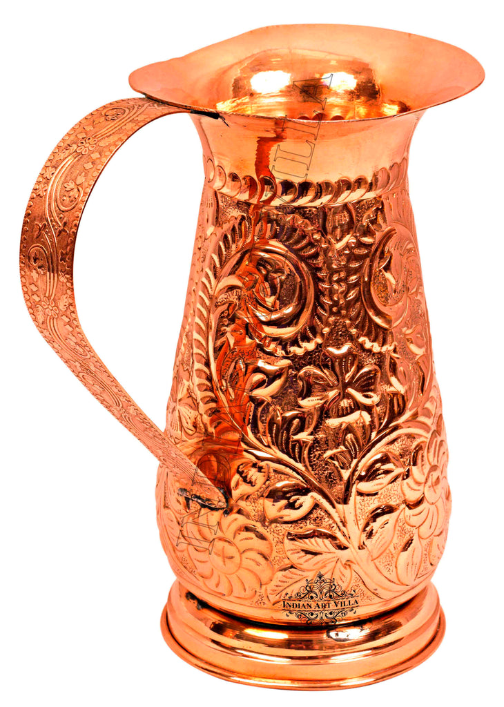 INDIAN ART VILLA Pure Copper Handmade Floral Design Jug Pitcher 1300 ML with 6 Glass Tumbler 350 ML (7 Pieces)