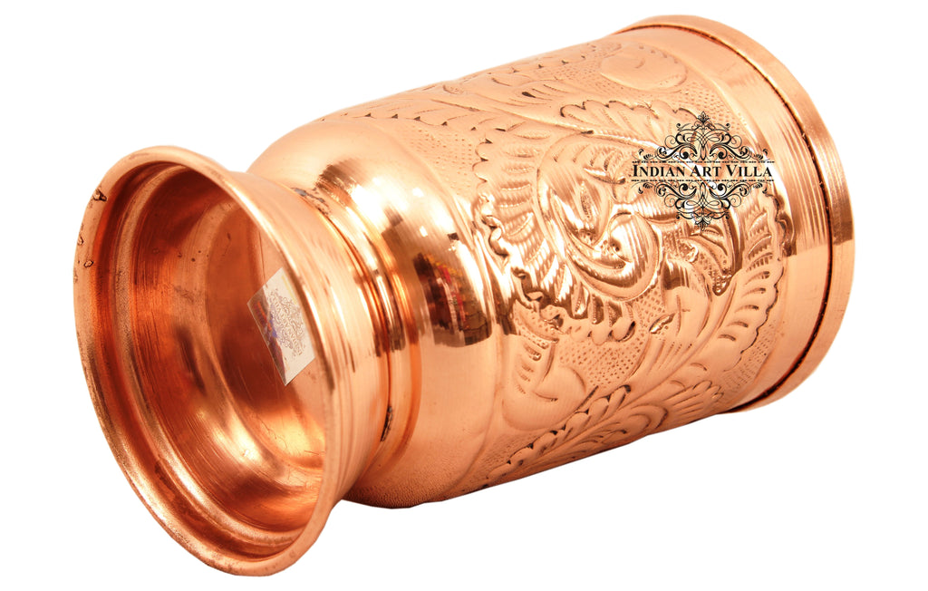 INDIAN ART VILLA Pure Copper Handmade Floral Design Jug Pitcher 1300 ML with 6 Glass Tumbler 350 ML (7 Pieces)