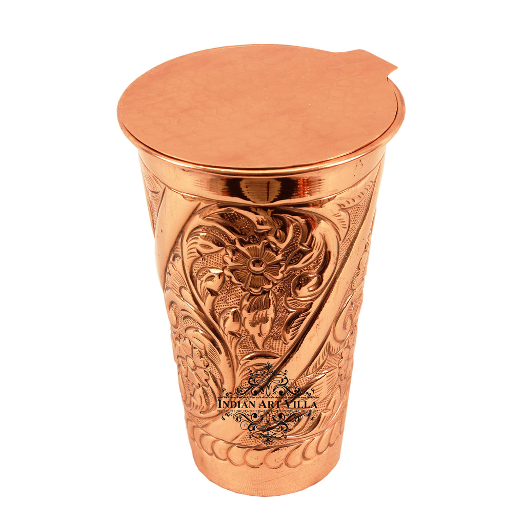 Indian Art Villa Pure Copper Engraved Flower Design Glass with Coaster 525 ML