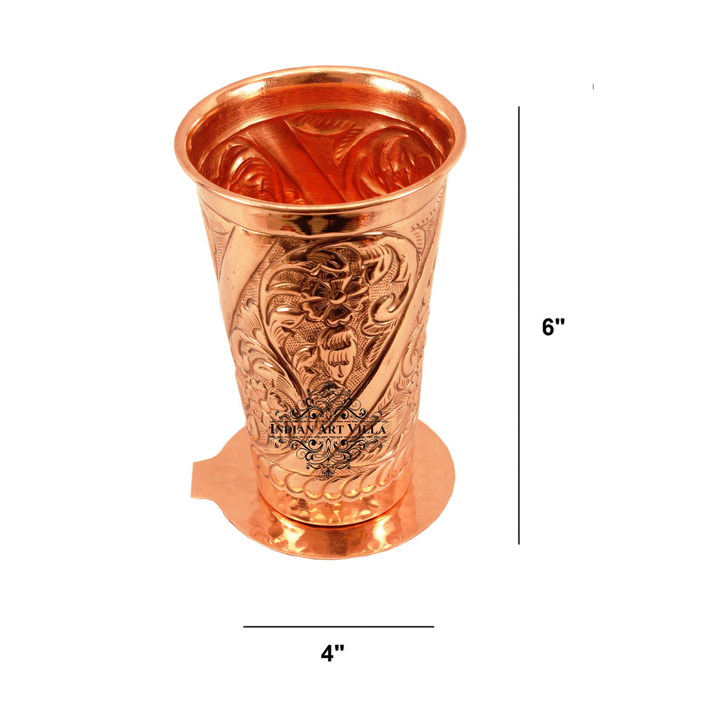 Indian Art Villa Pure Copper Engraved Flower Design Glass with Coaster 525 ML