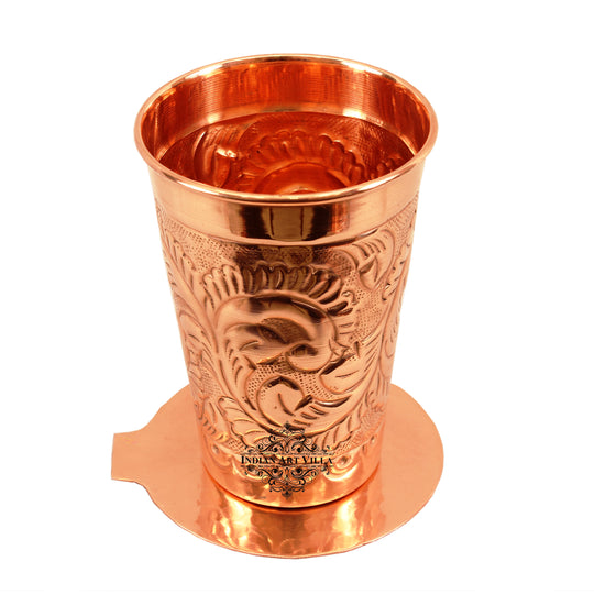 Copper engraved flower glass with coaster 350 ML front view — Indian Art Villa