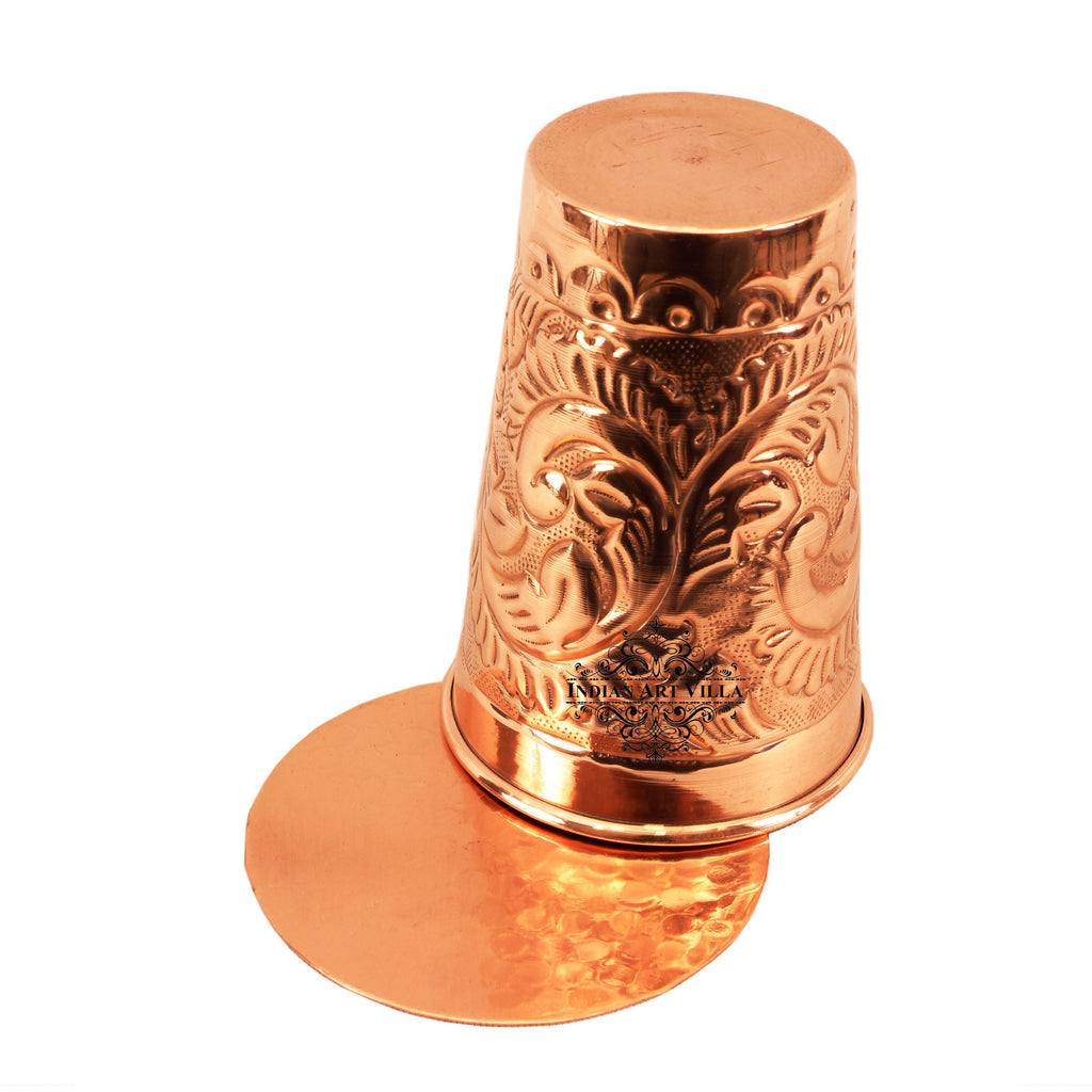 Copper Handmade Engraved Flower Design Glass with Coaster 350 ML