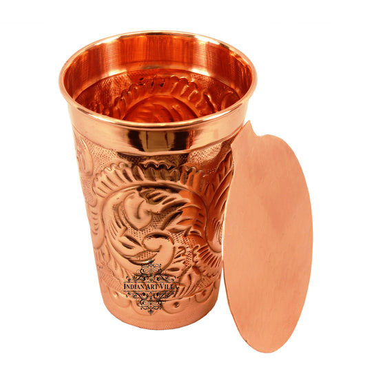Pure copper engraved glass with coaster top view — Indian Art Villa