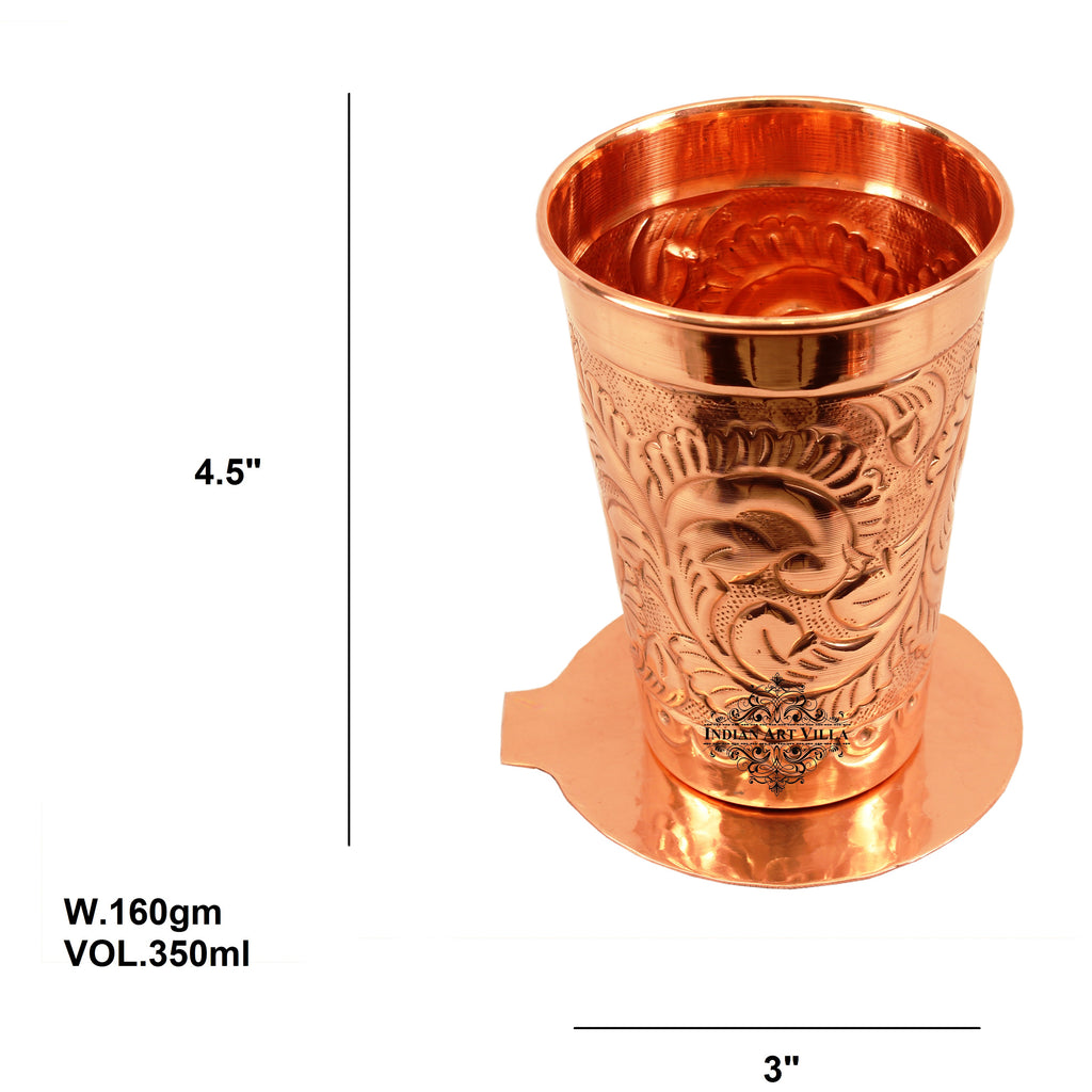 Copper Handmade Engraved Flower Design Glass with Coaster 350 ML