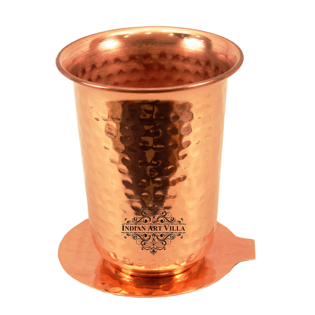 Indian Art Villa Copper Hammered Design Glass Tumbler with Coaster 400 ML
