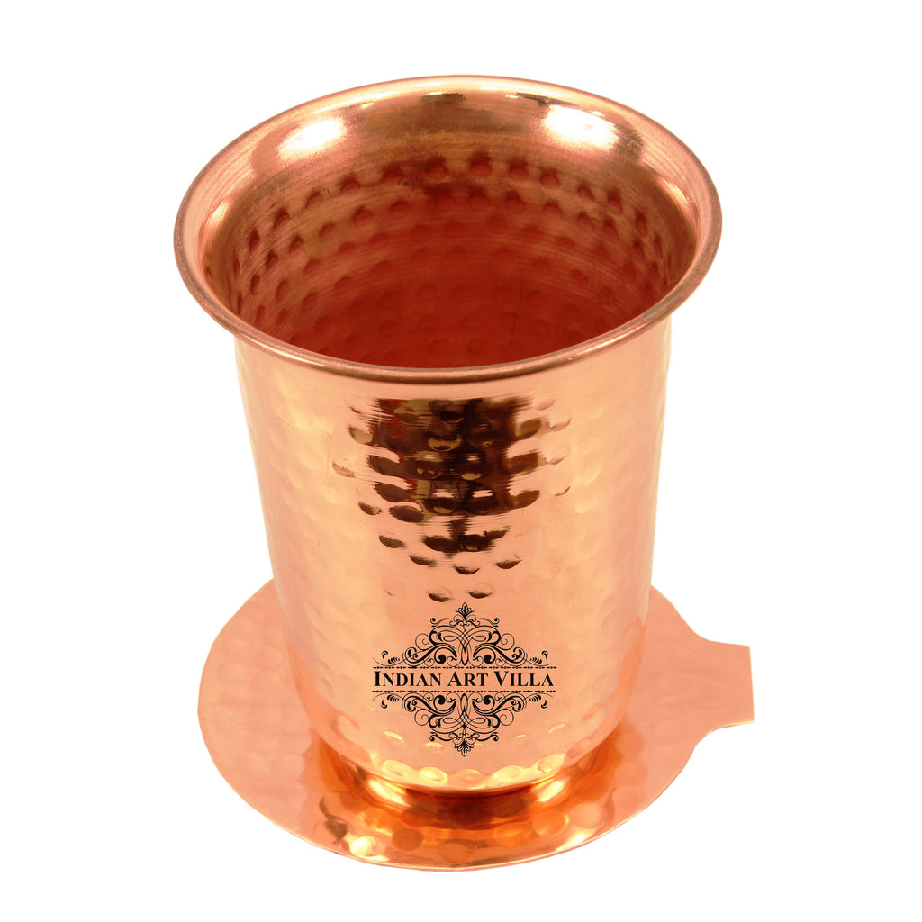 Copper Hammered Design Glass Tumbler with Coaster 400 ML