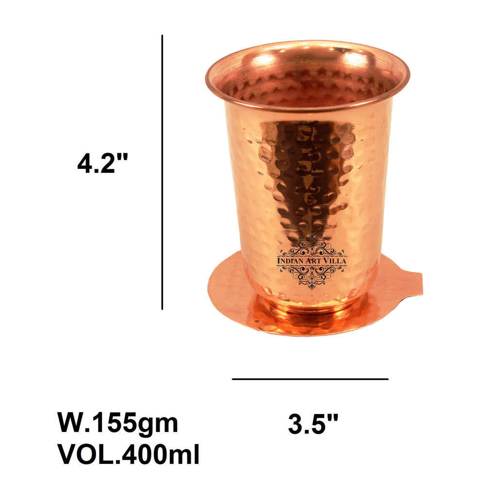 Indian Art Villa Copper Hammered Design Glass Tumbler with Coaster 400 ML