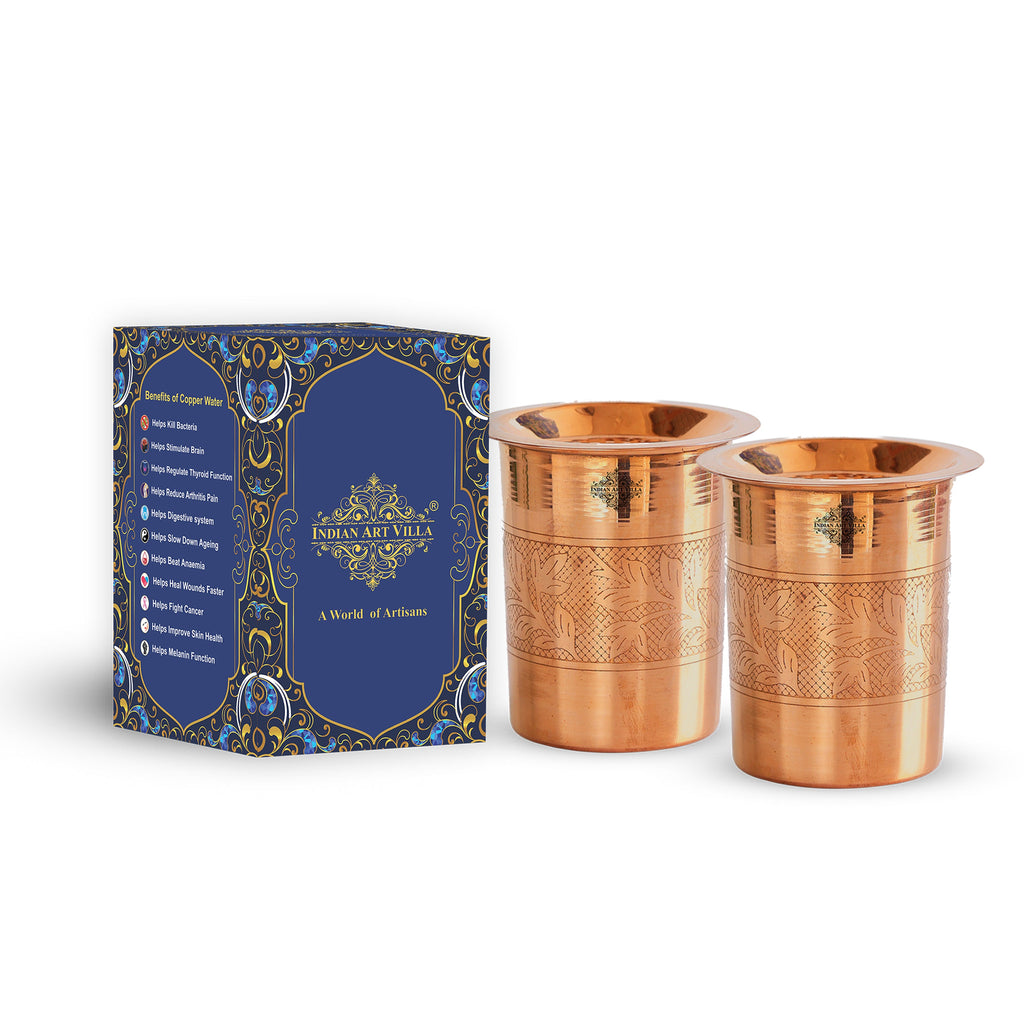 Indian Art Villa Pure Copper Embossed Design Glass Tumbler with Lid 300 ML