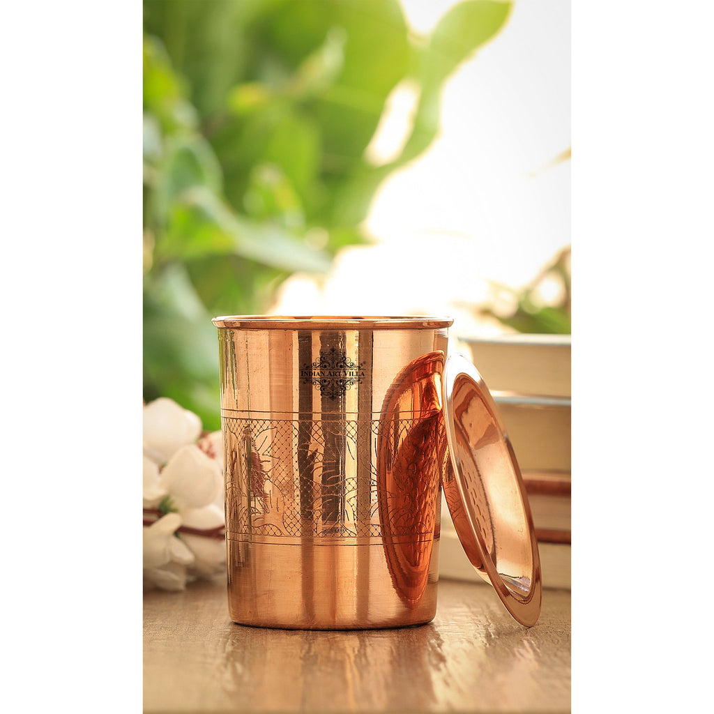 Indian Art Villa Pure Copper Embossed Design Glass Tumbler with Lid 300 ML