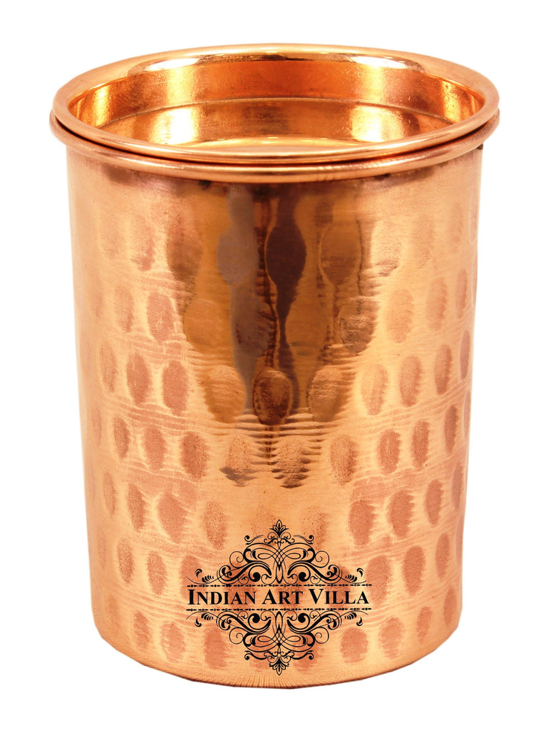 INDIAN ART VILLA Pure Copper Hammered Glass, Tumbler With Plain Lid, Drinkware, 300 ML