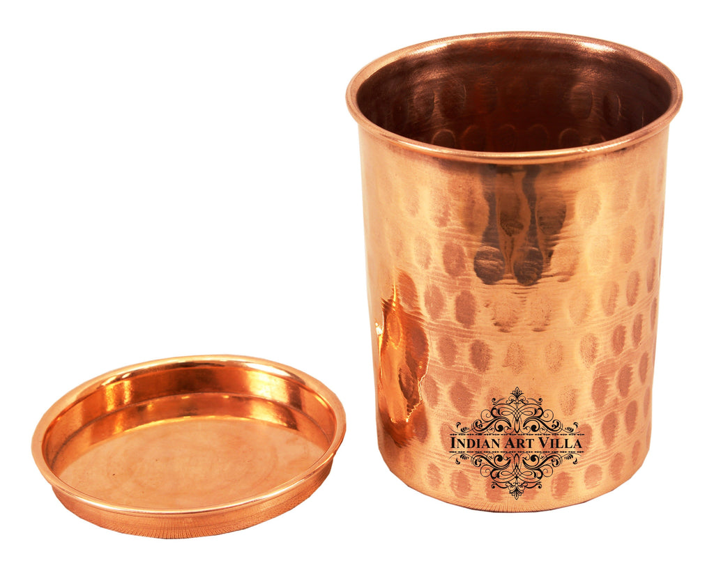 INDIAN ART VILLA Pure Copper Hammered Glass, Tumbler With Plain Lid, Drinkware, 300 ML