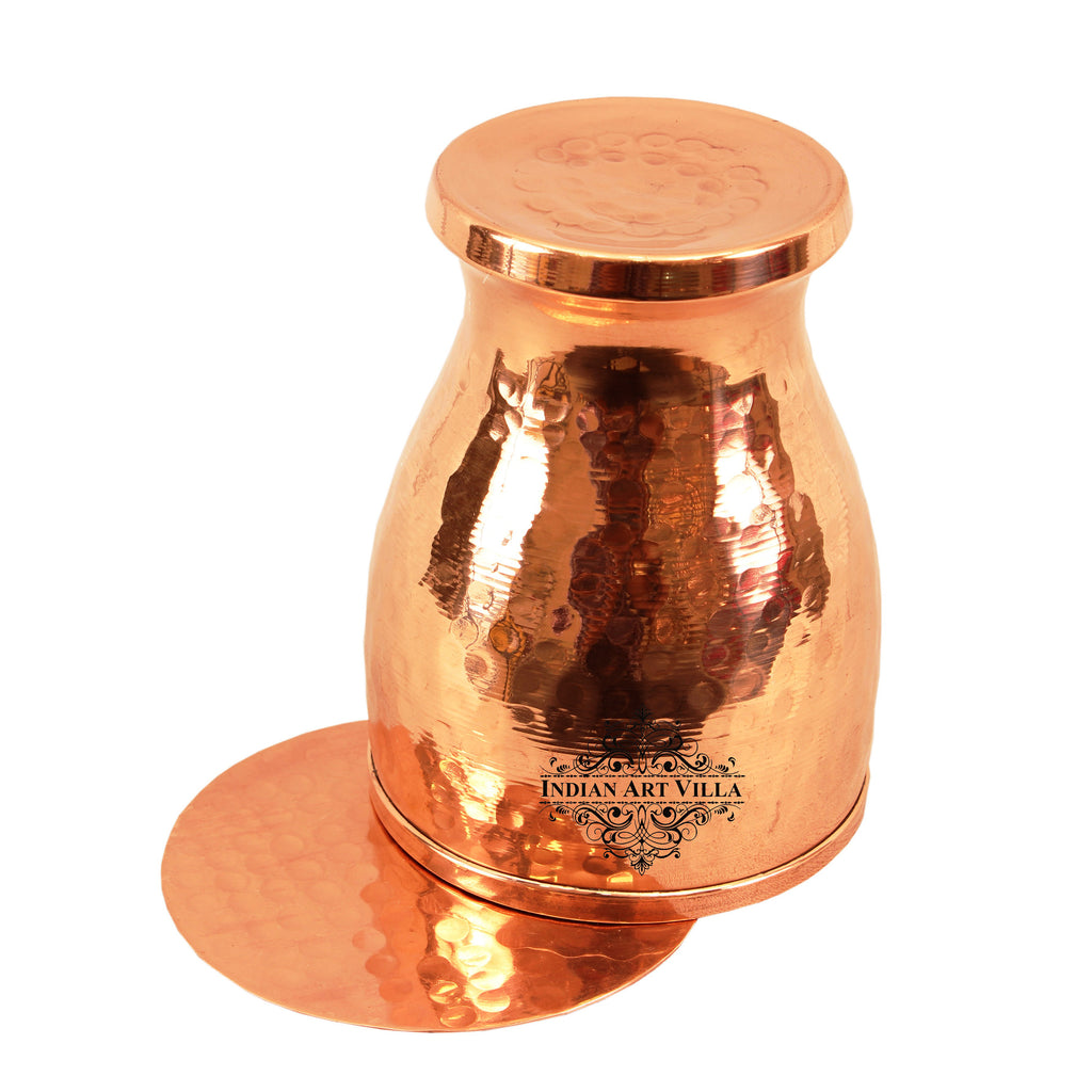 Indian Art Villa Copper Glass with Lid, Hammered Design, Tumbler with Coaster 350 ML