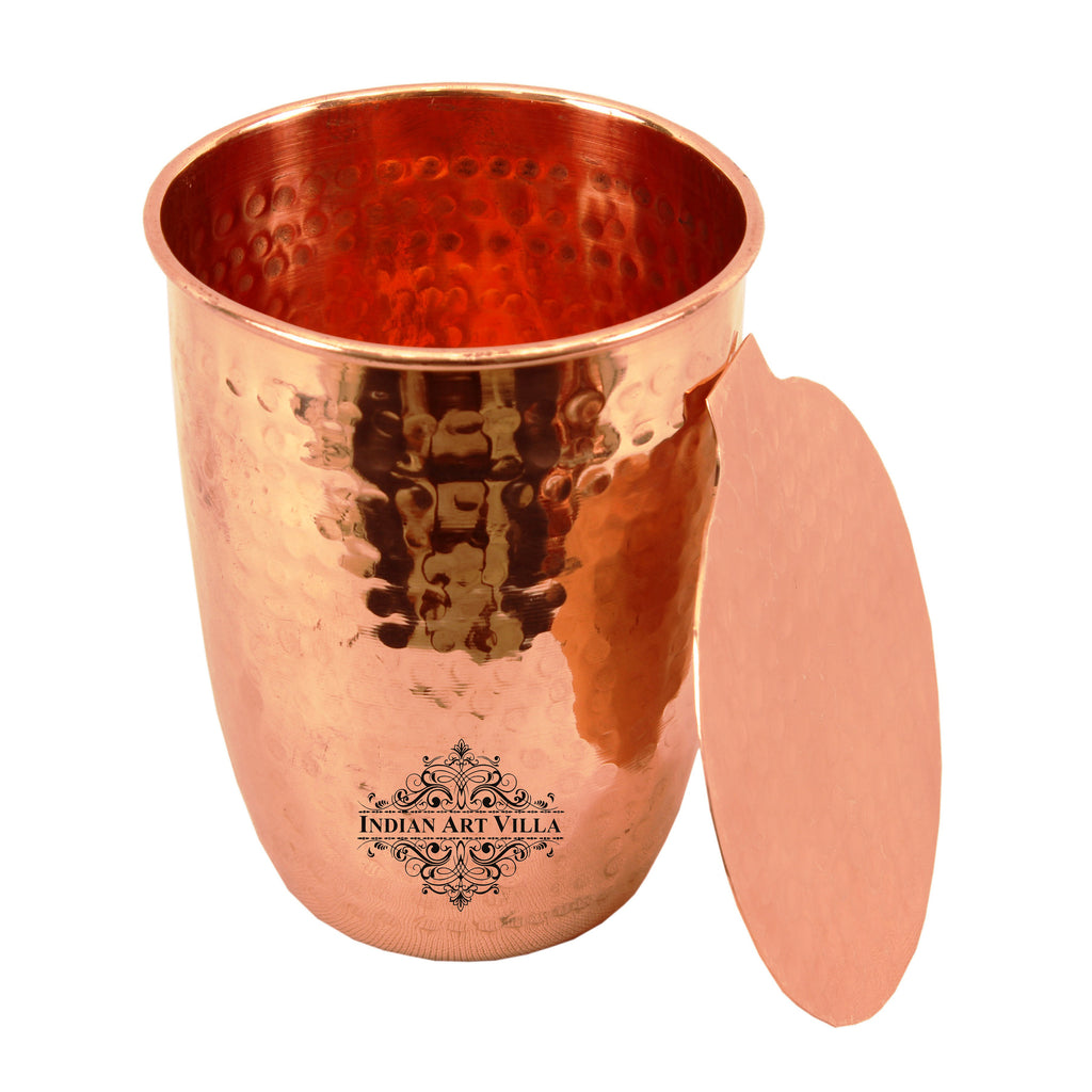 Indian Art Villa Copper Hammered Design Glass Tumbler with Coaster 275 ML