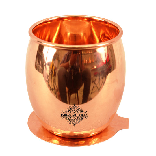 Round copper antique finish glass with coaster front view — Indian Art Villa