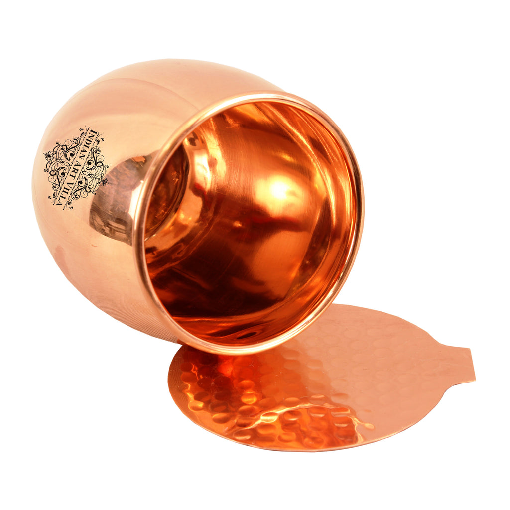 Indian Art Villa Copper Round Glass Tumbler Cup with Coaster, Plain Design
