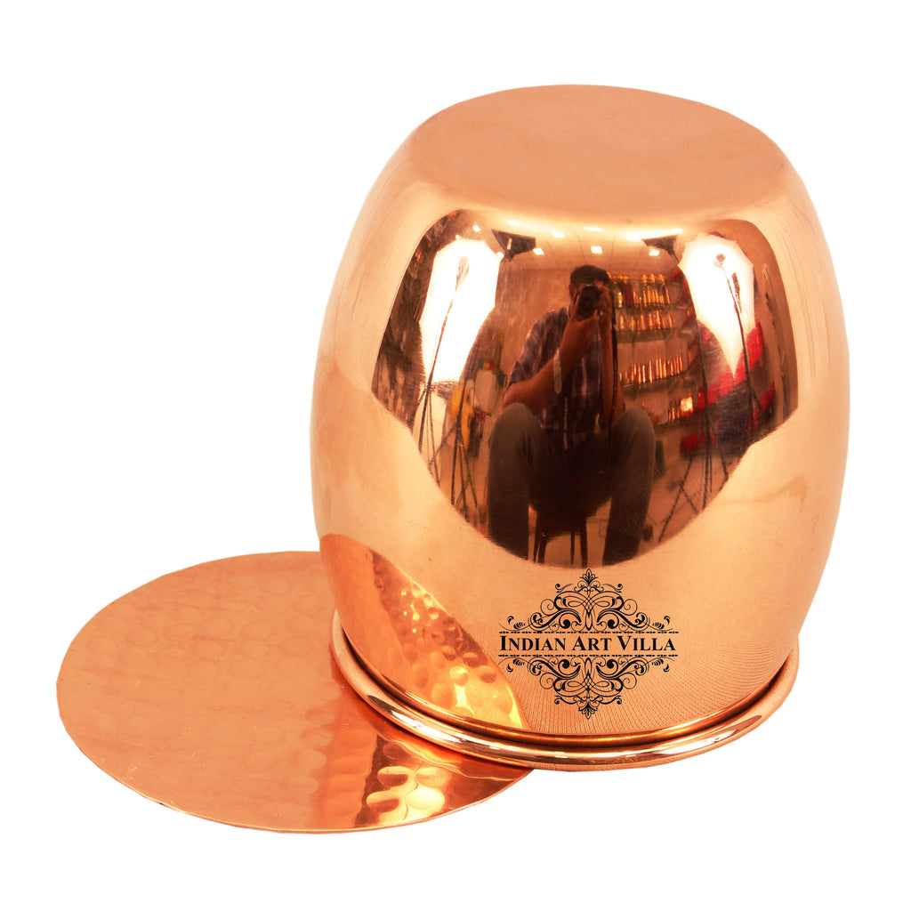 Indian Art Villa Copper Round Glass Tumbler Cup with Coaster, Plain Design