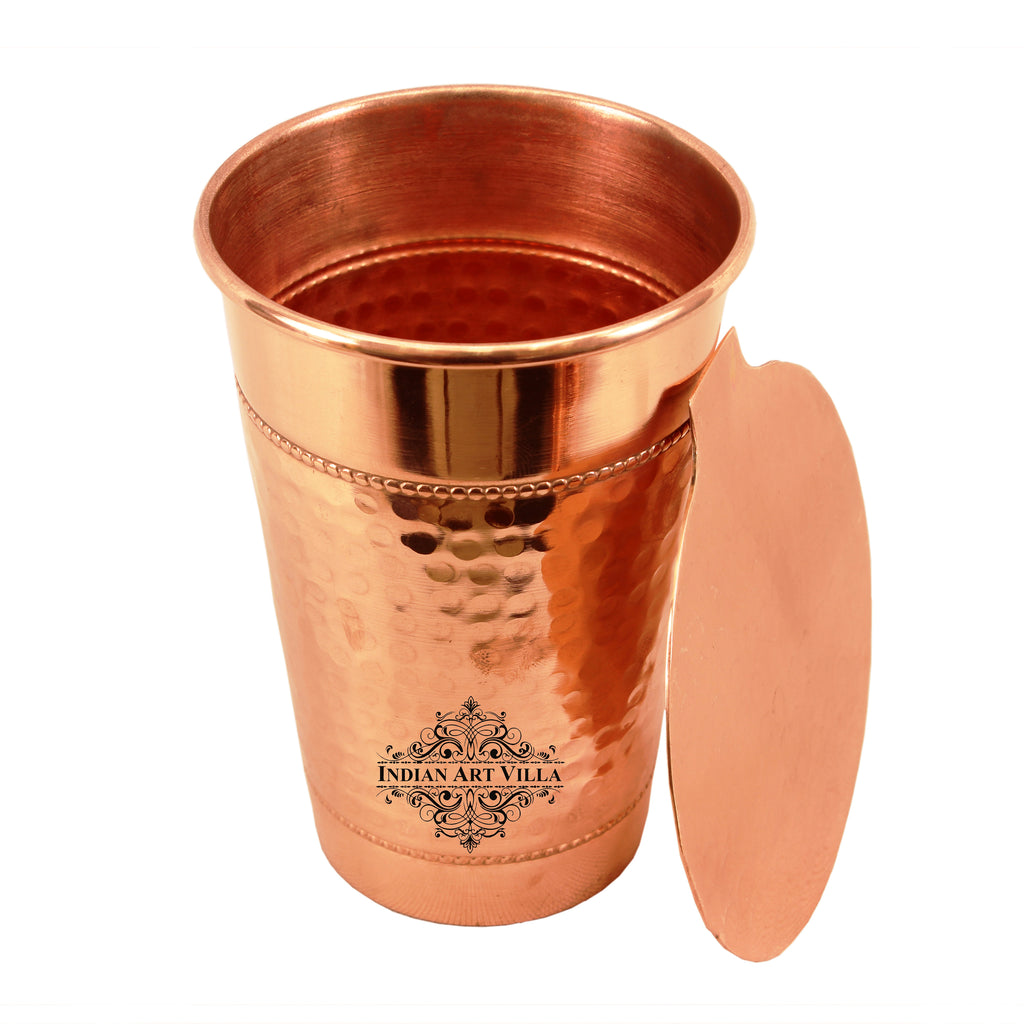 Indian Art Villa Pure Copper Handmade Big Top Hammered 2 Ring Design Glass Tumbler with Coaster 400 ML