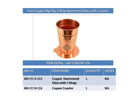 Pure copper big top 2 ring hammered glass coaster 400 ML full view — Indian Art Villa