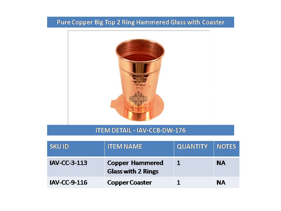Indian Art Villa Pure Copper Handmade Big Top Hammered 2 Ring Design Glass Tumbler with Coaster 400 ML
