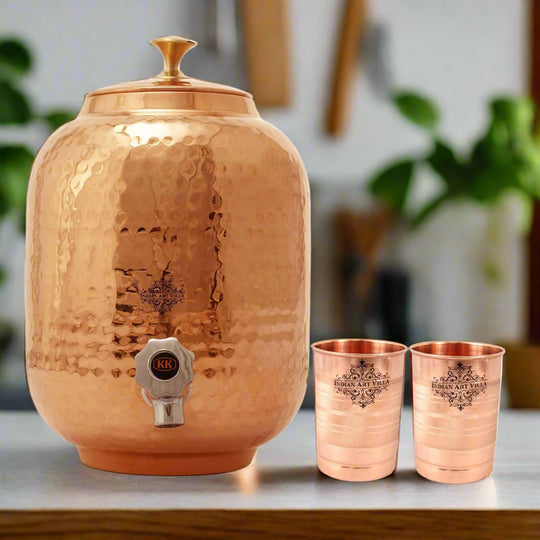 Angled view of 5L round copper matka with tap and stand assembled – copper water pot with stand