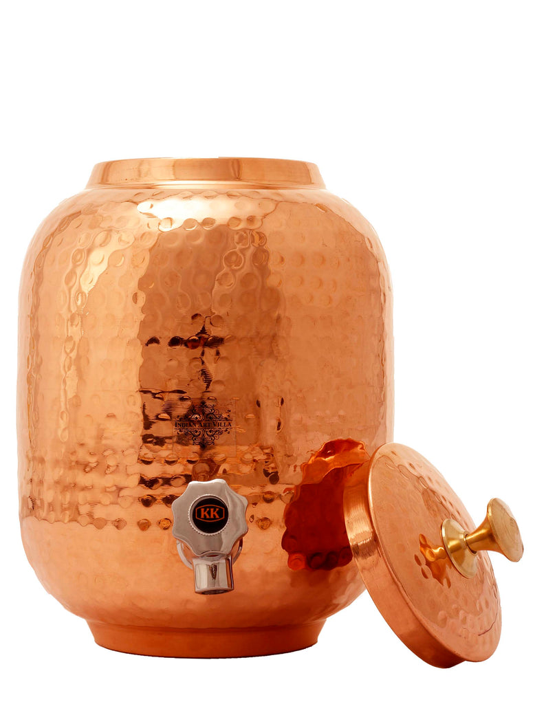 Set of Copper Water Dispenser Container Pot Matka With 2 Glass Tumbler Serveware 3 Pieces