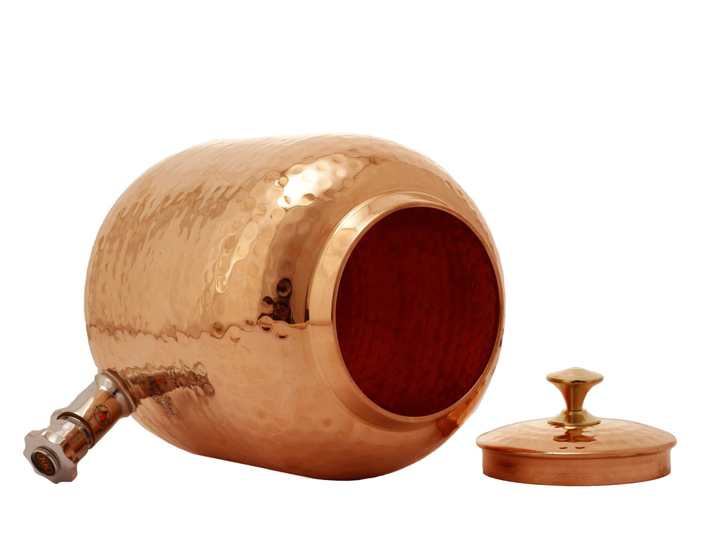 Indian Art Villa Pure Copper Water Dispenser Container, Pot Matka With 2 Glass Tumbler Serveware, Set of 3 Pieces