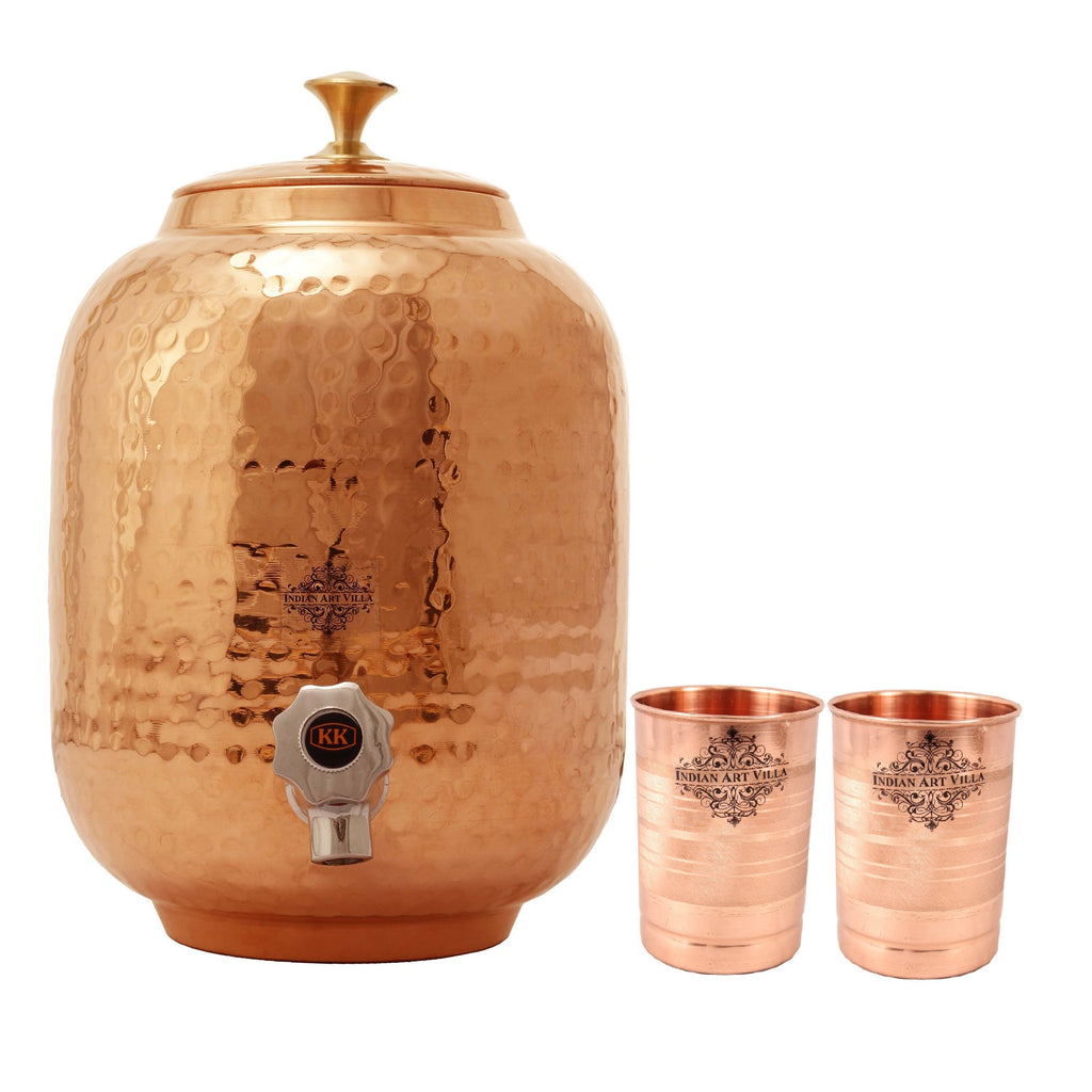 Indian Art Villa Pure Copper Water Dispenser Container, Pot Matka With 2 Glass Tumbler Serveware, Set of 3 Pieces