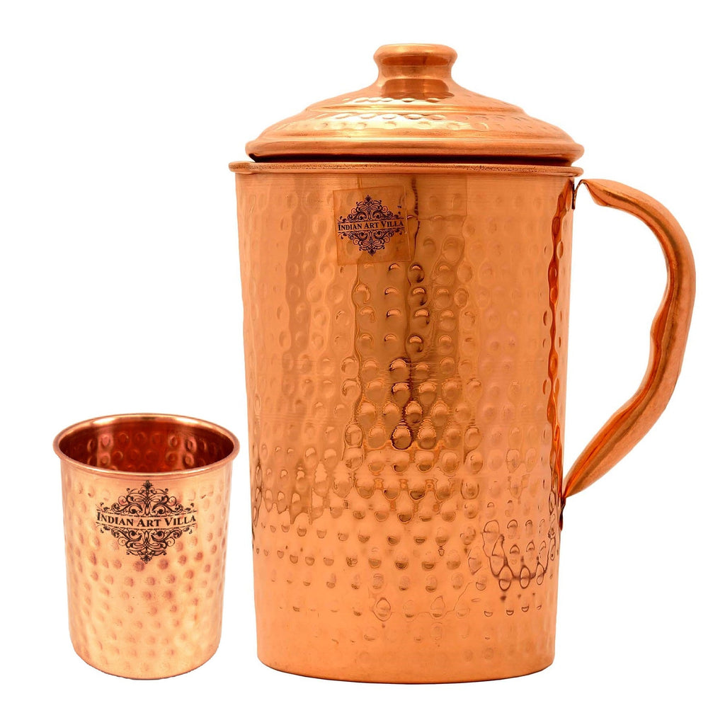 IndianArtVilla Set of Pure Copper Hammered Jug Pitcher with Glass Tumbler Cup - Storage Water Home Hotel Restaurant Good Health Benefit Yoga