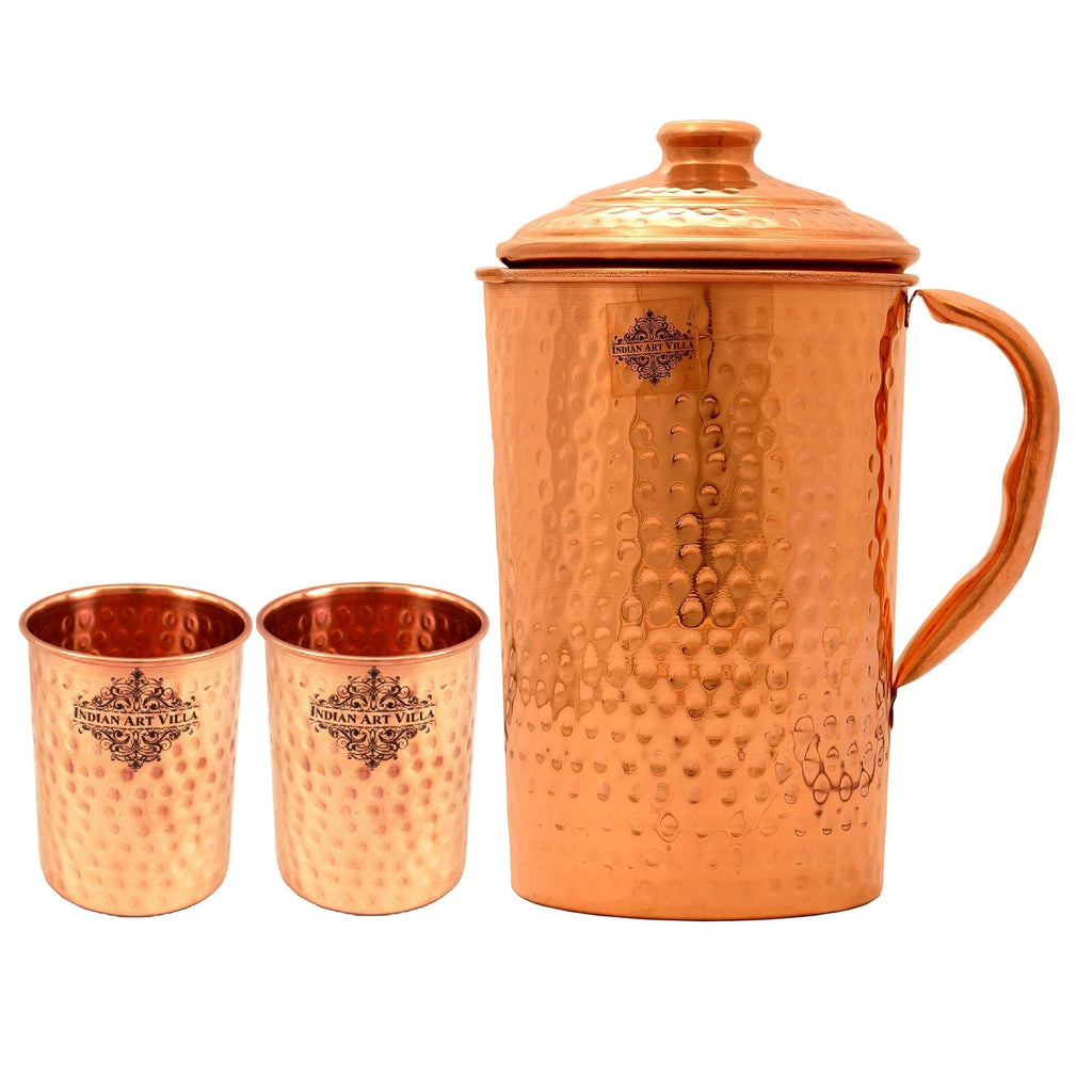 IndianArtVilla Set of Pure Copper Hammered Jug Pitcher with Glass Tumbler Cup - Storage Water Home Hotel Restaurant Good Health Benefit Yoga