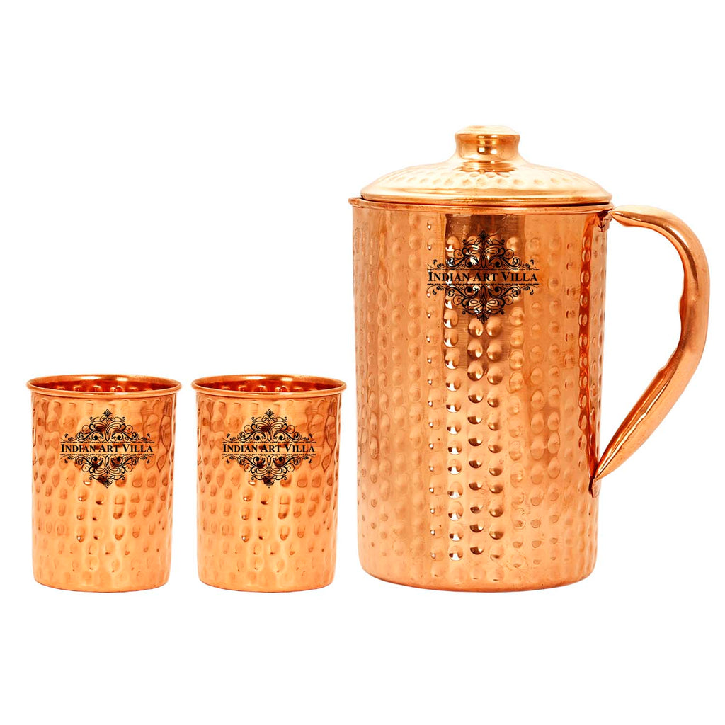 Pure Copper Hammered Set of Jug Pitcher with Glass Tumbler 300 ML each | Drinkware | Tableware