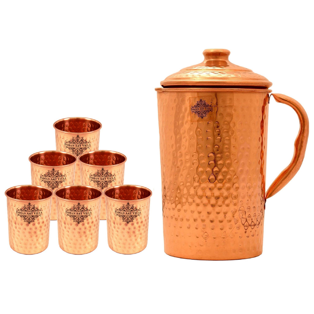 Pure Copper Hammered Set of Jug Pitcher with Glass Tumbler 300 ML each | Drinkware | Tableware
