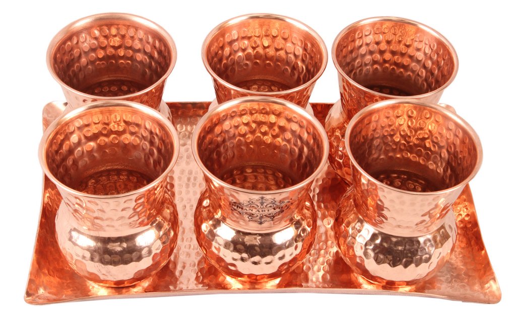 Indian art villa Copper Hammered Rectangular Tray with 6 Mathat Glasses