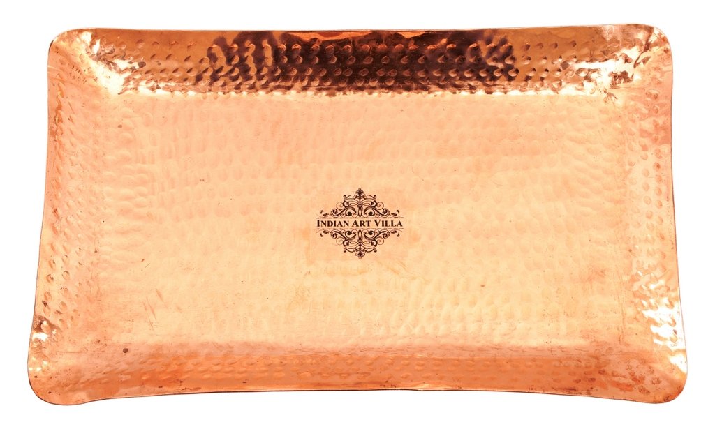 Indian art villa Copper Hammered Rectangular Tray with 6 Mathat Glasses