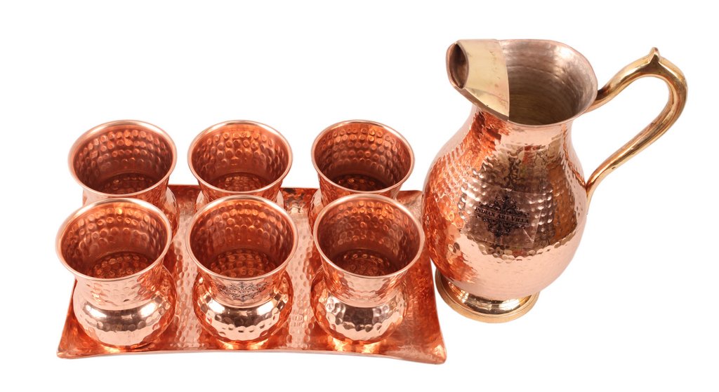 INDIAN ART VILLA Copper Nickel Hammered Jug with Copper 6 Glass & 1 Tray