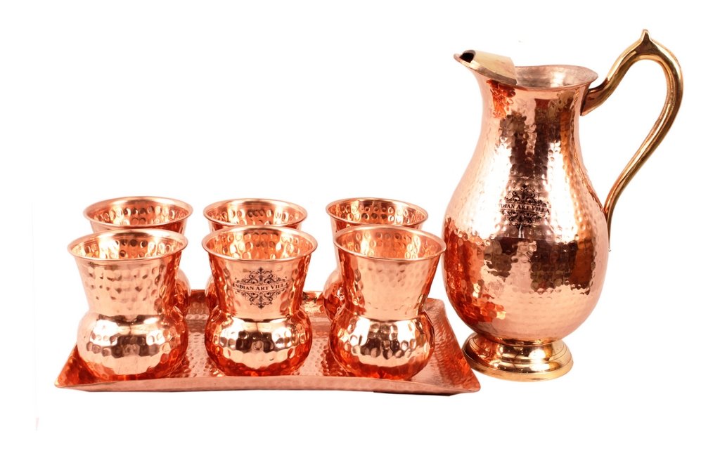 INDIAN ART VILLA Copper Nickel Hammered Jug with Copper 6 Glass & 1 Tray