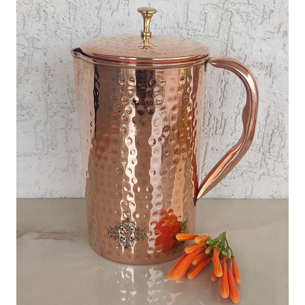 Copper Hammered Set of 1 Jug Pitcher 2000 ML with 2 Glass Tumbler 300 ML each Storage Drinking Water Home Hotel Restaurant Tableware Drinkware