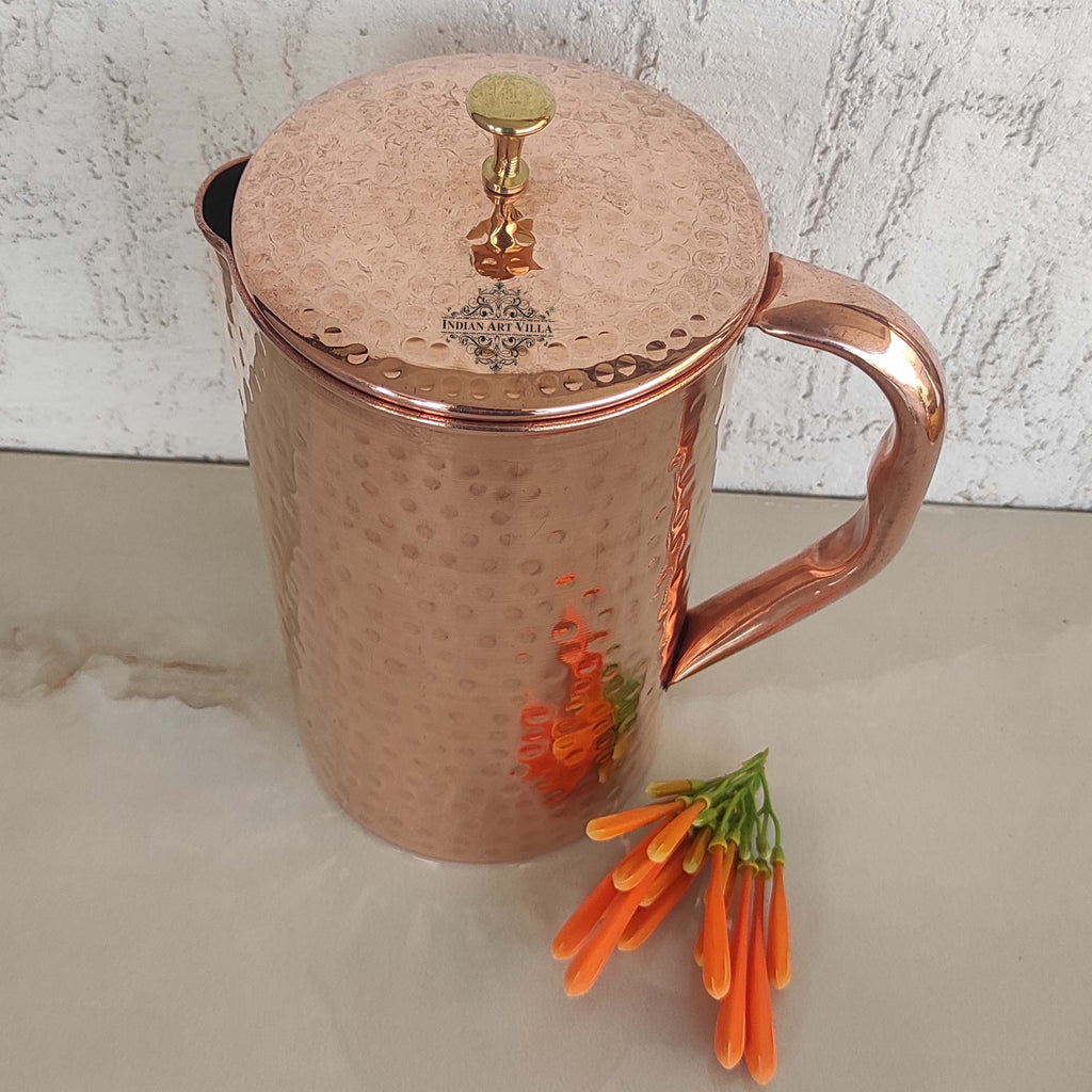 Copper Hammered Set of 1 Jug Pitcher 2000 ML with 2 Glass Tumbler 300 ML each Storage Drinking Water Home Hotel Restaurant Tableware Drinkware
