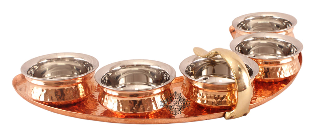 Indian Art Villa Pure Copper Maharaja Style Full Moon Tray Plate with 5 Serving Sauce Pots
