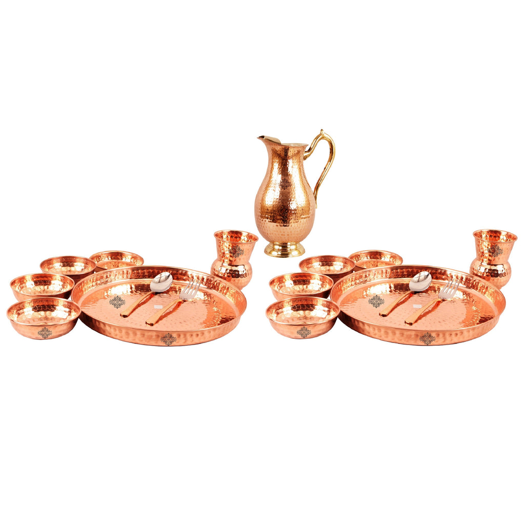 INDIAN ART VILLA Set of 6 Copper Dinner Set with Copper Nickel Hammered Jug