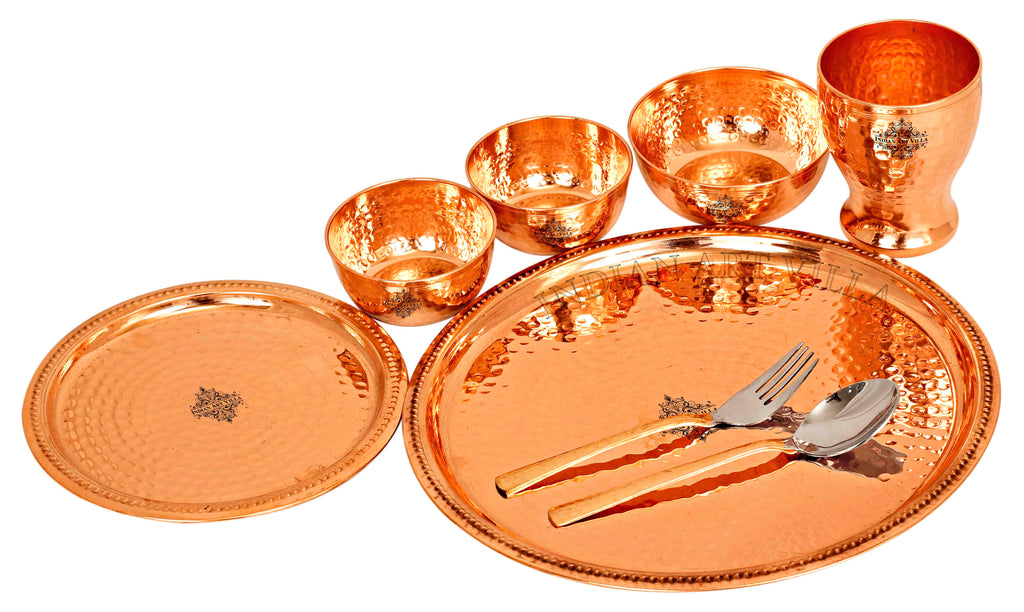Indian Art Villa Pure Copper Hammered Design Dinner Set 8 Pieces