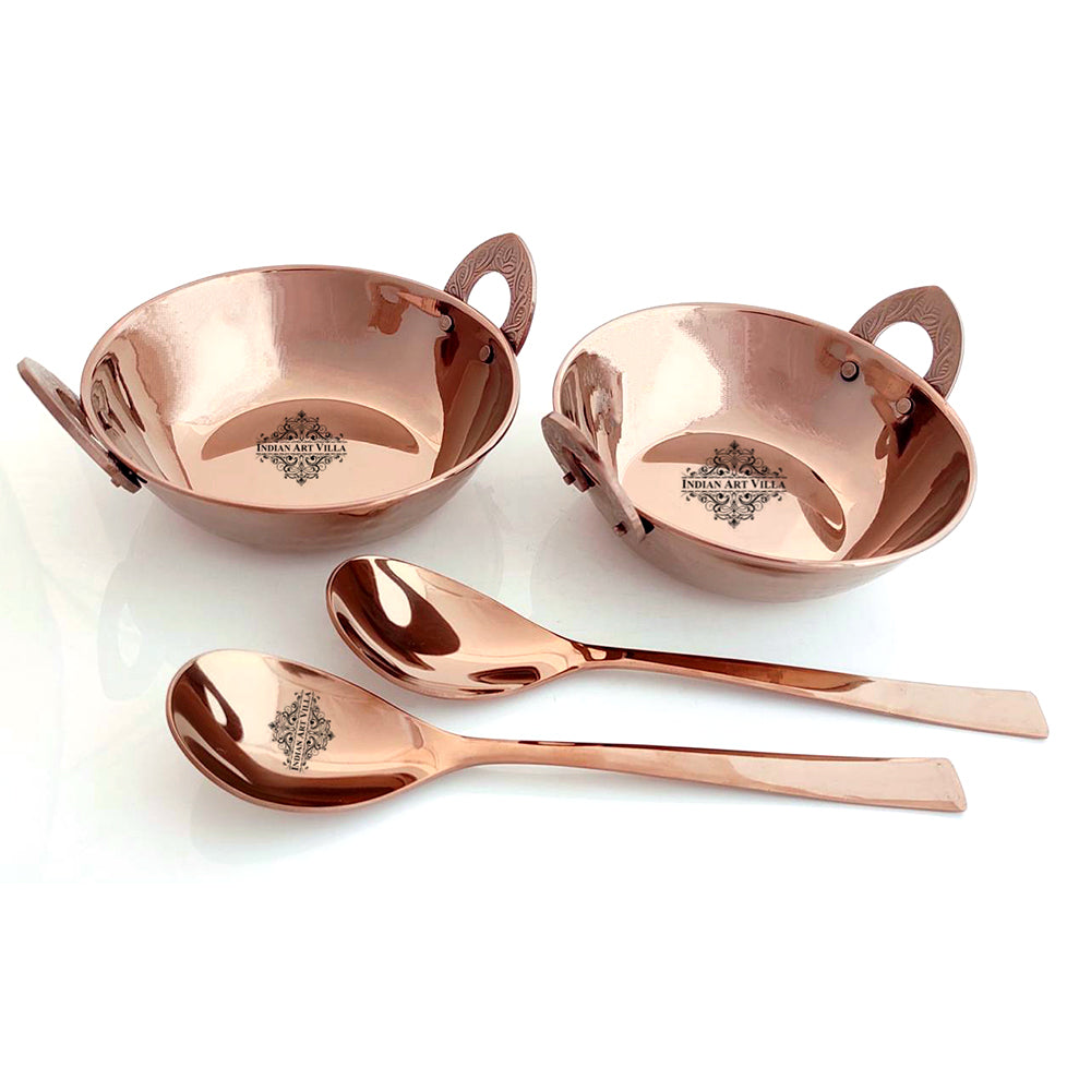 Indian Art Villa Set of Steel with Rose Gold Finish D/W Hammered Kadhai No.1,Kadhai No.2,Serving Spoon x2,4 Pieces