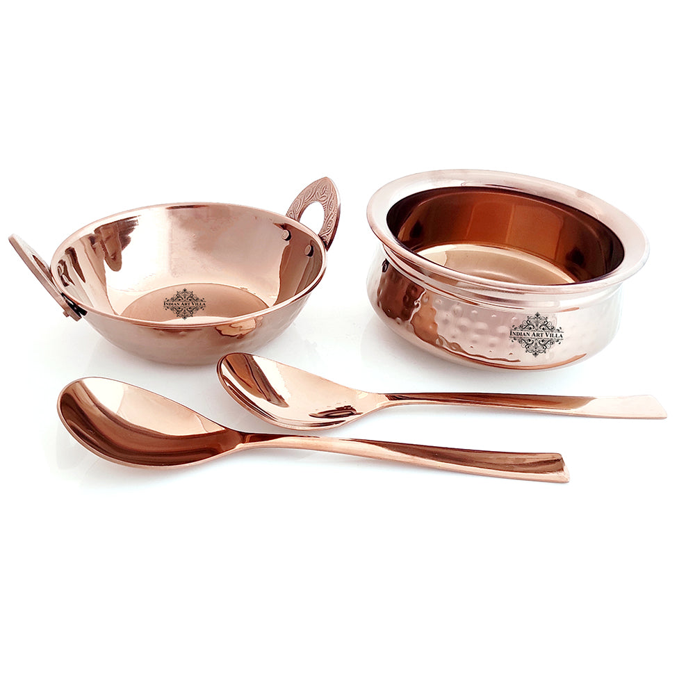 Indian Art Villa Set of Steel with Rose Gold Finish D/W Hammered Handi No.2,Kadhai No.2,Serving Spoon x2,4 Pieces