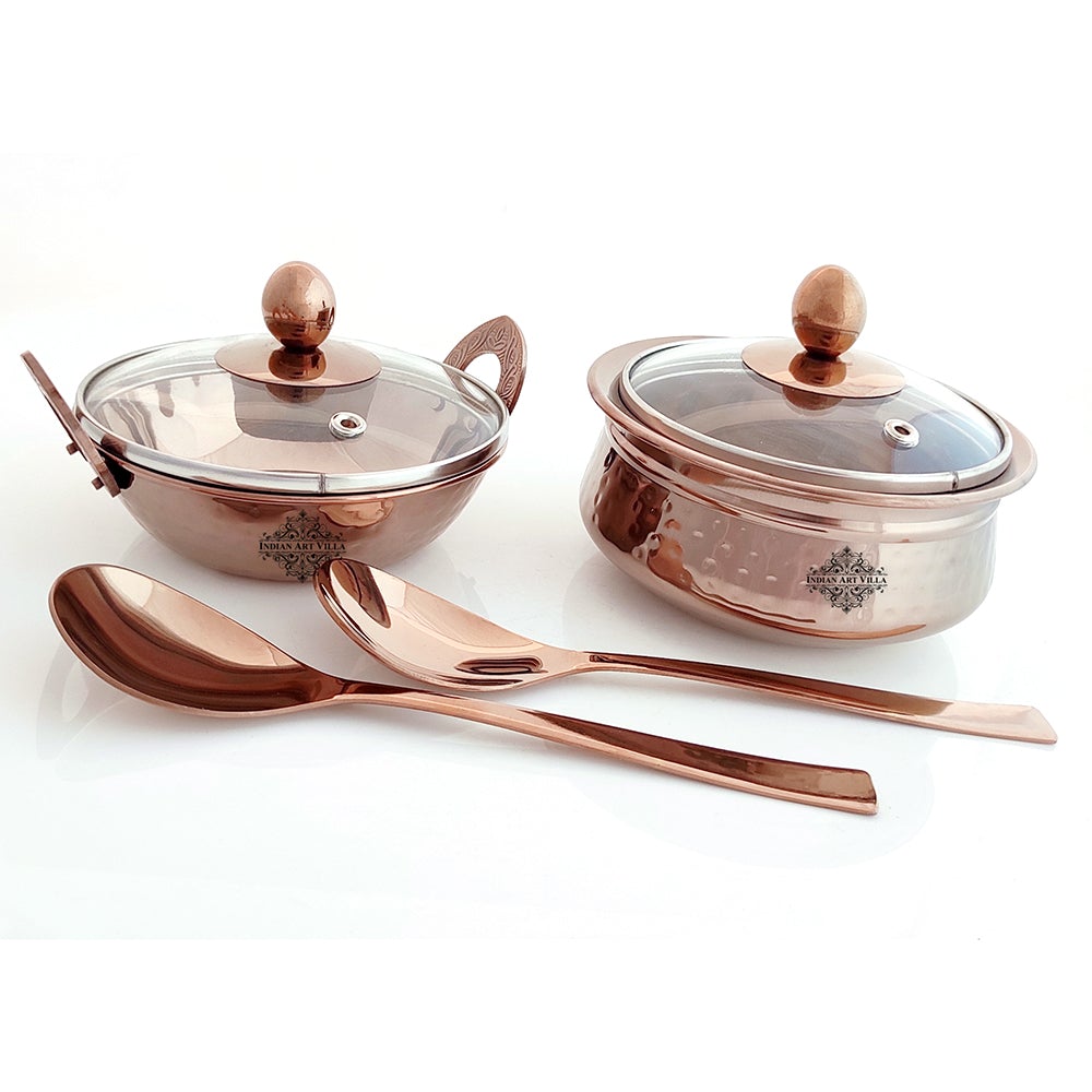 Indian Art Villa Set of Steel with Rose Gold Finish D/W Hammered Handi No.2 with Lid No. 2,Kadhai No.2 with Lid No. 2,Serving Spoon x2,6 Pieces