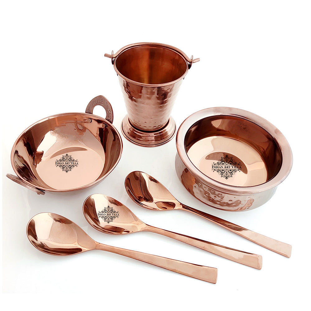 Indian Art Villa Set of Steel with Rose Gold Finish D/W Hammered Handi No.2,Kadhai No.2, Bucket No.1,Serving Spoon x3,6 Pieces