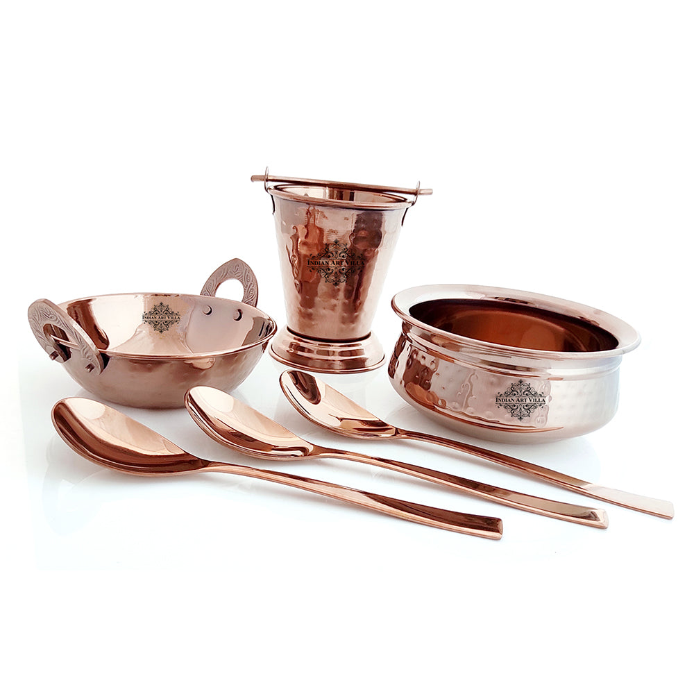 Indian Art Villa Set of Steel with Rose Gold Finish D/W Hammered Handi No.2,Kadhai No.2, Bucket No.1,Serving Spoon x3,6 Pieces