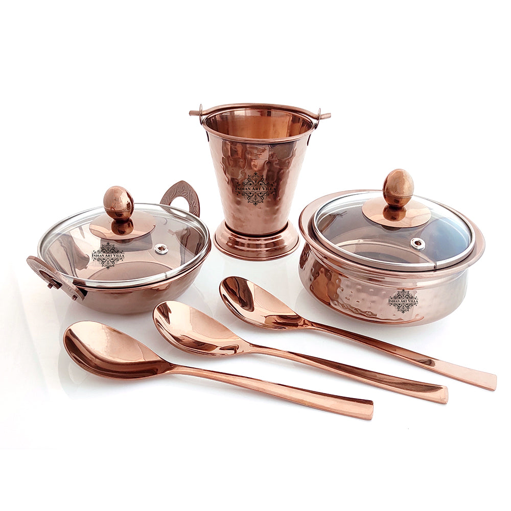 Indian Art Villa Set of Steel with Rose Gold Finish D/W Hammered Handi No.2 with Lid No,.2,Kadhai No.2 with Lid No.2,Bucket No.1,Serving Spoon x3,8 Pieces