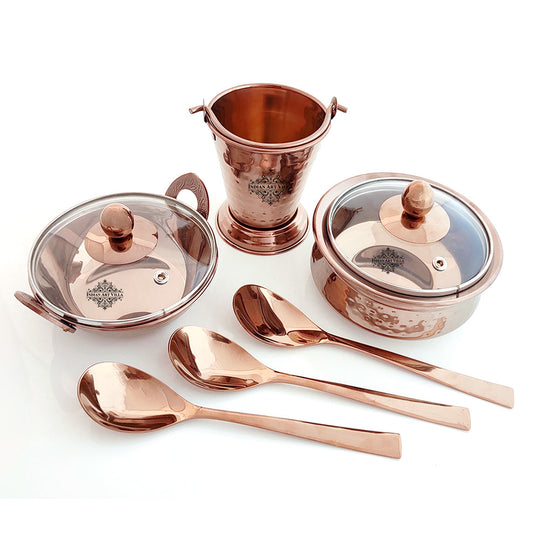 Steel Serving Set with Rose Gold Finish D/W Hammered Handi with Lid, Kadhai with Lid, 1 Bucket, Serving Spoon x3, 8 Pieces