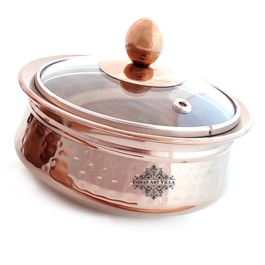 Steel Serving Set with Rose Gold Finish D/W Hammered Handi with Lid, Kadhai with Lid, 1 Bucket, Serving Spoon x3, 8 Pieces