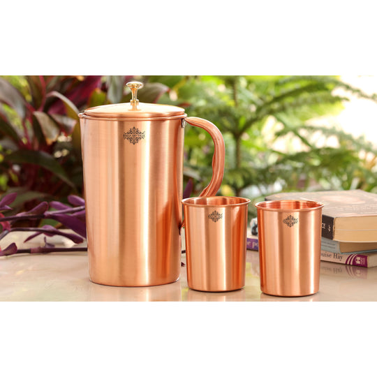 Indian Art Villa Copper Pitcher Set – 1 Jug with Lid and 2 Glasses, Lacquer Coated, Ideal for Healthy Hydration